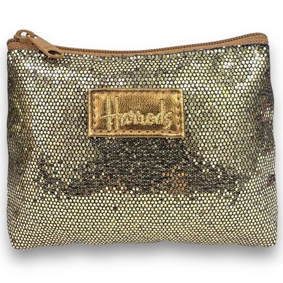 Harrods Vintage Gold Platinum Glitter Tote Shopper Bag Change Pouch Set Sparkle - Picture 9 of 13